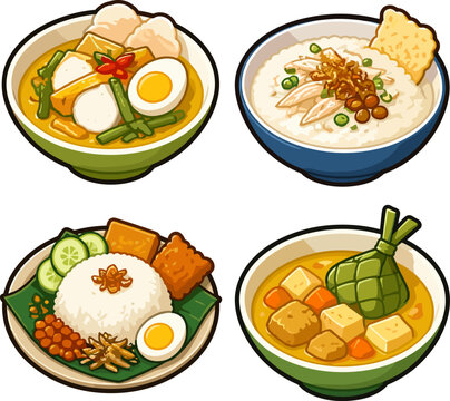 Pixel art collection of traditional Southeast Asian food bowls, tasty laksa, chicken porridge, nasi lemak, and lontong soup, culinary culture