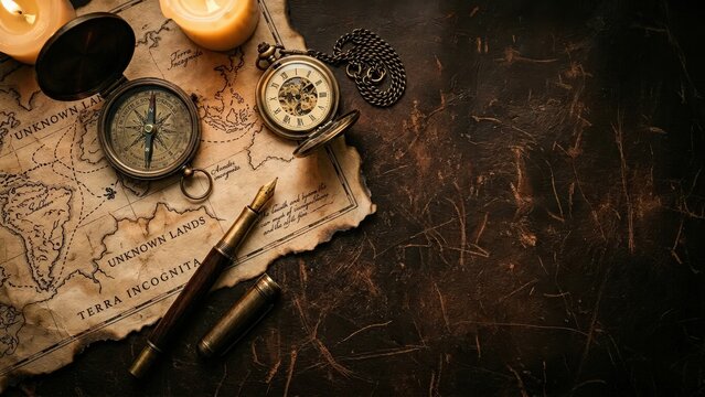 Vintage Navigation Tools and Old Map on Antique Leather Background