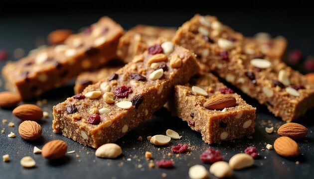 Closeup of assorted nut and fruit energy bars with almonds, cashews, and dried berries. Healthy snack bars scattered on dark surface with whole nuts and seeds.
