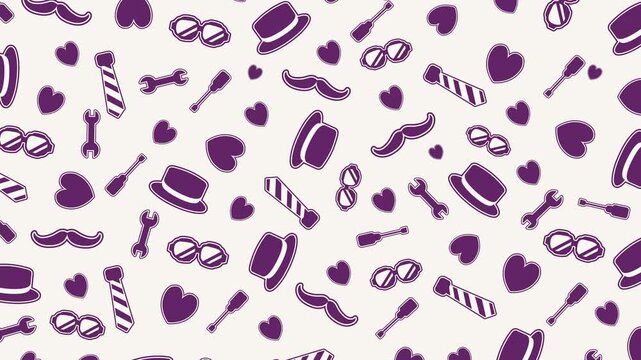 4K seamless looping background animation featuring a purple pattern of Father's Day icons like hats, ties, tools, and hearts. Ideal for seasonal holiday video editing and festive digital ads.