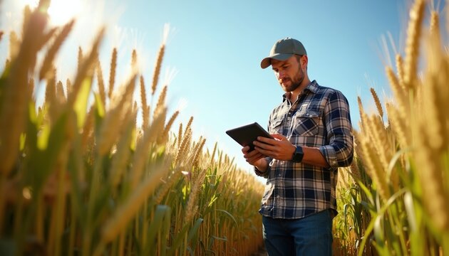 Farmer inspects golden wheat field using tablet computer. Young man checks crop growth and quality. Agronomist uses technology for smart farm data analysis and harvest planning.