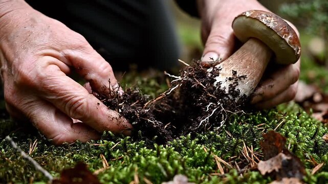 Senior man harvesting a fresh porcini mushroom from moss in the forest