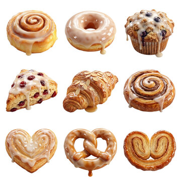 collection of sweet bakery pastries with dripping sugar glaze icing realistic sweet baked goods donut croissant muffin and cinnamon roll