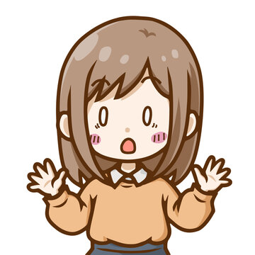 両手を広げて驚く女性・デフォルメキャラクターイラスト／Surprised woman with hands raised &ndash; shocked deformed character vector illustration