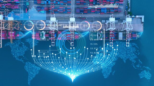 Glowing digital data logistics cargo AI management networks overlaid on a commercial cargo container ship port. artificial intelligence supply chain, and future shipping tech. Smart maritime logistics