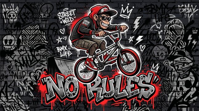 Cartoon monkey performing bmx stunt against graffiti wall street art illustration