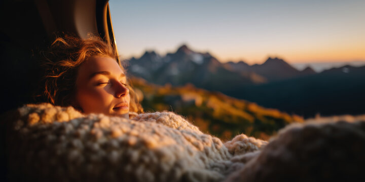Woman resting on cozy blanket as sun sets over the mountains
