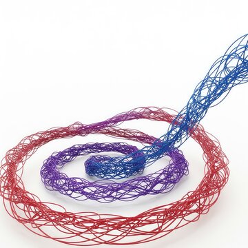 A convoluted path of interconnected lines showing deviation and complexity, ending suddenly in a vast, open white void, representing an uncertain future ,decision ,planning ,deviation