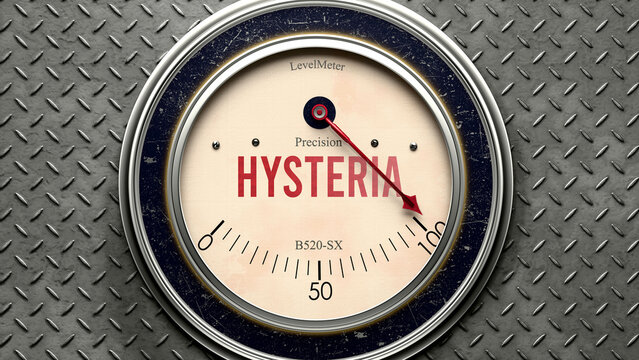 Hysteria that is hitting a full scale, showing a very high level of hysteria, overload of it, too much of it. Maximum value, off the charts.  ,3d illustration