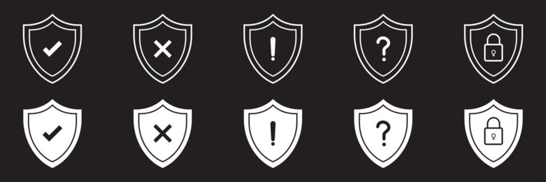 Shield Security Icon Set, vector illustration with protection icons, check mark, and lock elements, ideal for safety interfaces, cybersecurity apps. Shield Checkmark Crossmark Warning Lock Icon Set 