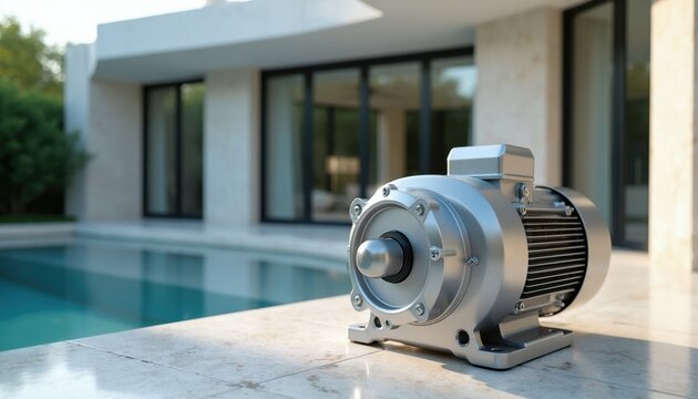 Silver electric motor unit rests near clean blue swimming pool next to modern villa. Water filtration device setup for house pool maintenance. Home tech innovation.