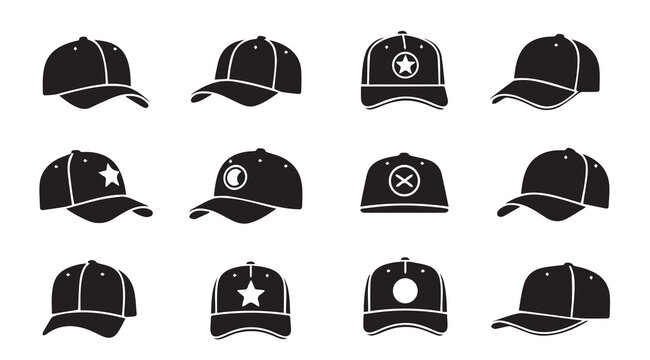 Collection of black baseball caps with varied embroidered emblems on a white background illustrating headwear design diversity