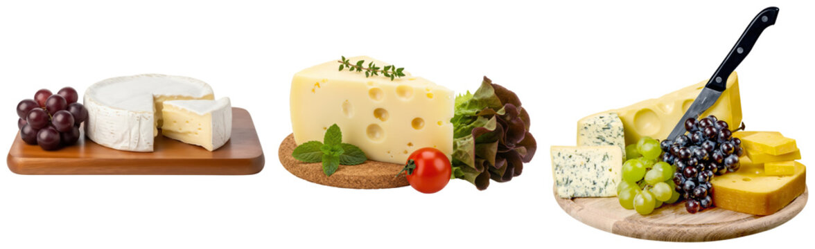 Gourmet cheese selection: brie, swiss, blue, grapes, isolated on transparent background for culinary design.