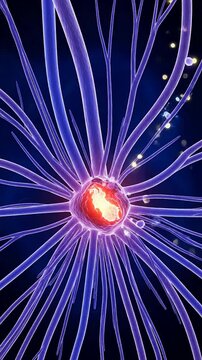 Vibrant 3D Illustration of a Neuron Demonstrating Complex Nervous System Functions with Luminous Features Against a Dark Background