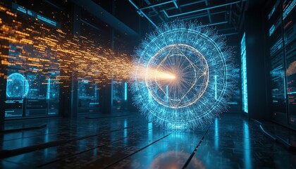 Fototapeta premium Abstract digital data streams converge on a glowing futuristic neural network. Artificial intelligence processing information in a modern data center. AI concept.