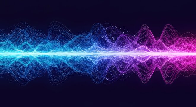 Abstract blue and purple background showing complex energy waves flowing through a digital matrix, representing a vibrant resonant frequency field ,aura ,frequency ,banner