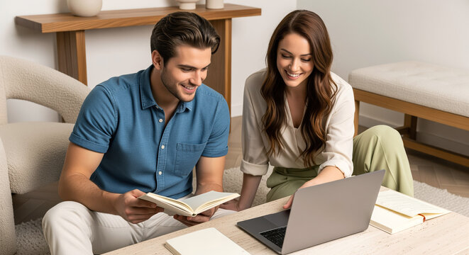 Home study session for online course preparation, with couple reviewing books and lesson materials for exam planning, tutoring content, distance education article and self paced learning resource