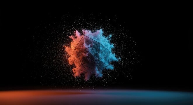 Abstract geometric form slowly dissolving into a cloud of glowing particles, symbolizing the fleeting nature of all existence and time ,abstract ,cycle ,sequence