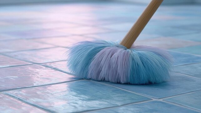 Close-up of a broom with a wooden handle on a tiled floor. the broom has a blue and white fluffy brush head that is slightly tilted to the side.
