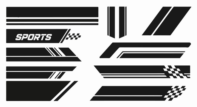 A collection of black and white racing stripe decals with checkered flag elements