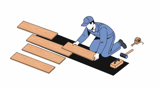 Worker installing wood planks on floor with tools nearby