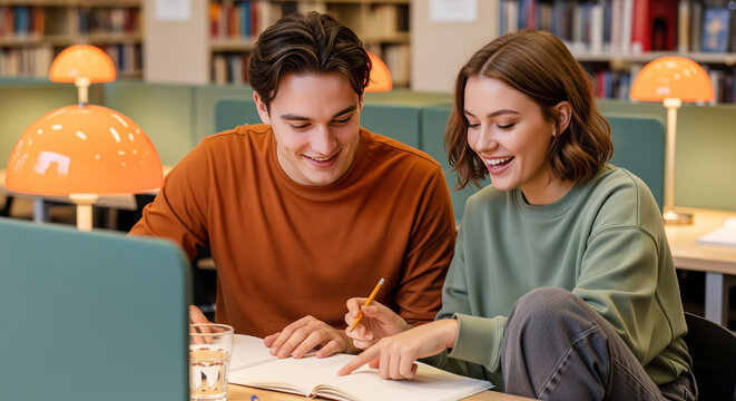 Peer study session in library reading area helps education publishers show tutoring help, exam preparation, homework support and course enrollment stories with classmates working from paper