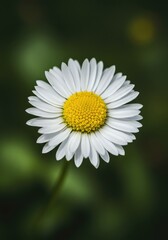 Fototapeta premium Close up macro shot of a single white daisy wildflower with a bright yellow center blooming in a sunny spring meadow ,spring ,peaceful ,rustic