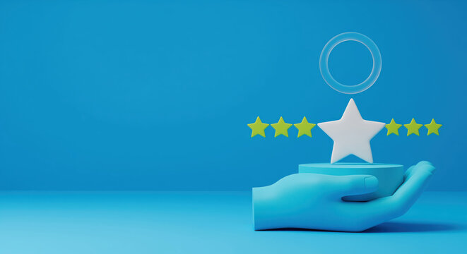 Reputation score explainer for booking and service comparison pages, with a hand offering a star to show review trust, survey results and rating signals for marketplaces and care providers