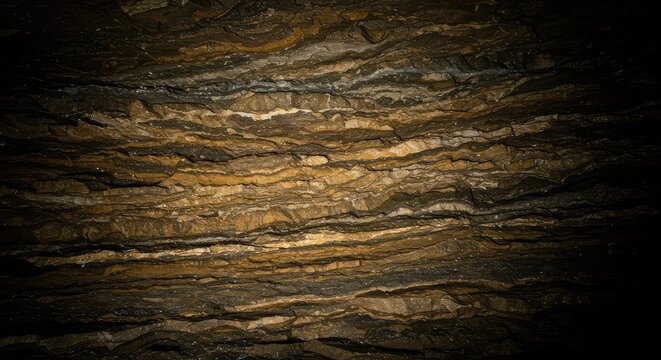 Detailed close-up of rough, damp subterranean limestone rock texture, showing layers and mineral deposits inside a natural cave structure ,environment ,underground ,surface