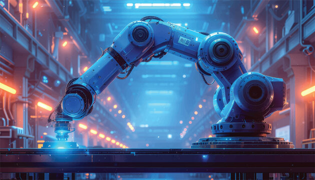 Industrial Robotic Arm Performing Automation - Flat Vector Illustration