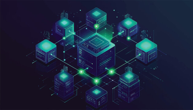 Isometric Vector Infographic Illustrating Blockchain Transaction Flow with Blocks - Illustration