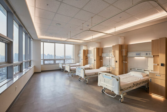 Modern hospital room with patient beds, window light, and professional care interior