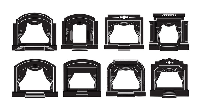 Collection of diverse stage curtains and proscenium arch silhouettes against a white background