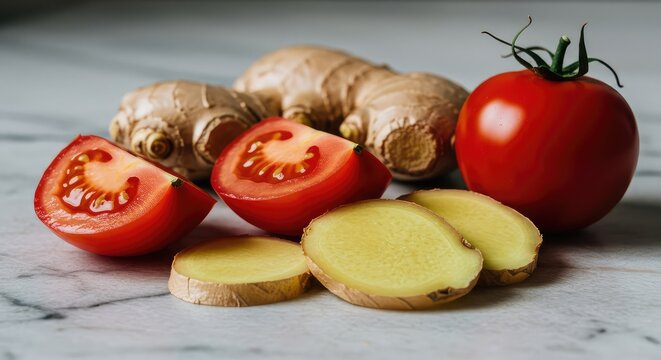 Fresh red tomatoes and raw ginger root slices arranged together, highlighting vibrant colors and texture for healthy cooking preparation ,preparation ,diet ,yellow