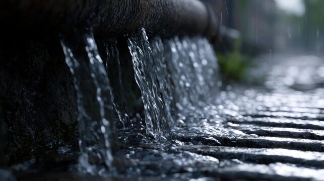 Close-up of a pipe with water flowing out of it. the pipe appears to be old and weathered, with cracks and crevices visible on the surface.