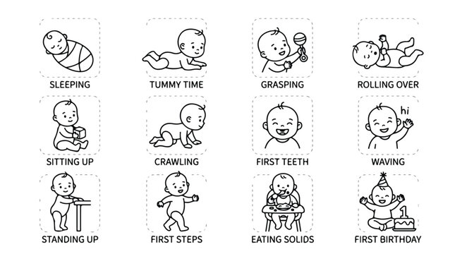 Baby developmental milestones line icon set, 12 infant growth stages from newborn to first birthday, minimalist child development vector illustrations