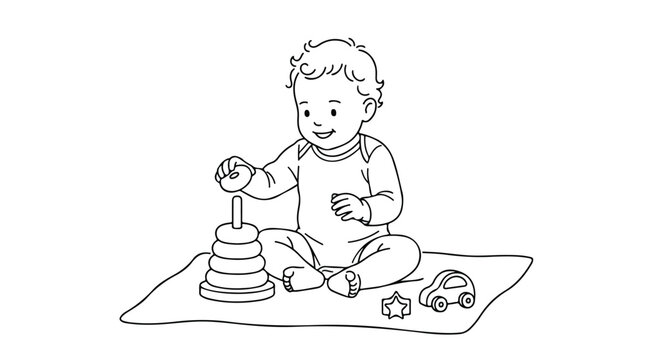 Minimalist line art baby playing with toys, infant sitting on mat with stacking rings and car, simple black and white vector illustration for coloring