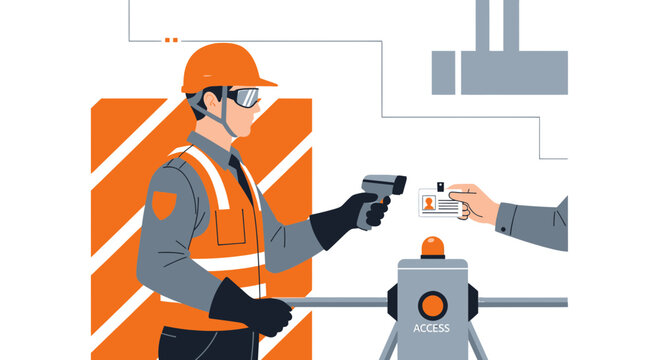 Worker scanning ID card at access gate, safety, security, industrial checkpoint concept