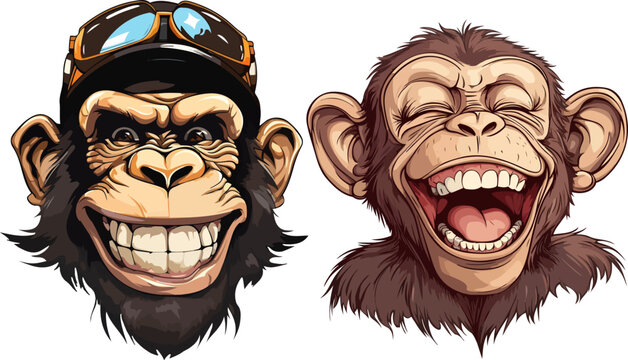 Two funny monkey characters, one laughing loudly and one wearing biker goggles and helmet in colorful cartoon style