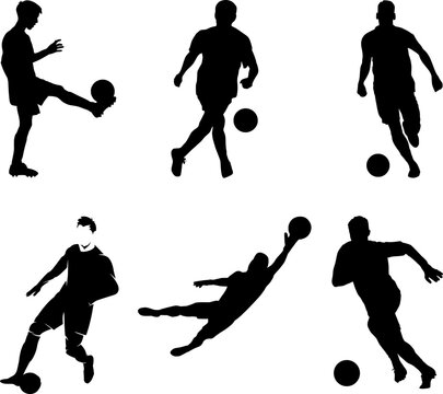 6 Silhouette Soccer Players Vector Illustration Set