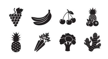 Collection of ripe fruits and vegetables in a simple graphic style on a white background
