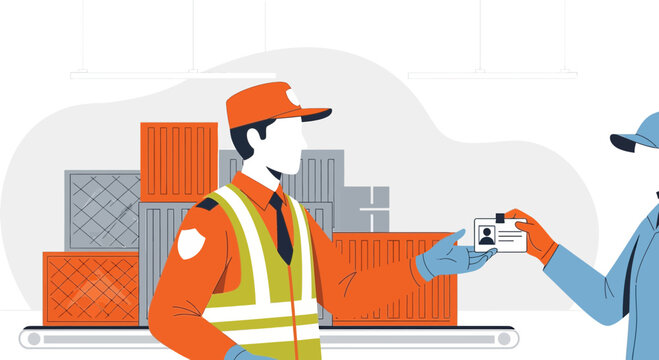 Warehouse worker shows ID badge to security guard, cargo containers background.