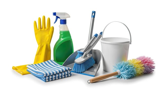 A collection of cleaning supplies sits on a white background. A yellow rubber glove, a spray bottle, a bucket, a brush, a microfiber cloth, and a colorful dust mop are arranged together.