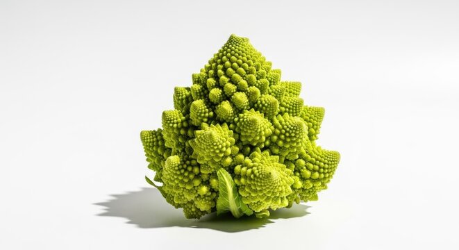 A vibrant head of Romanesco broccoli sits on a white surface. The fractal vegetable displays a complex, spiraling pattern of green florets.