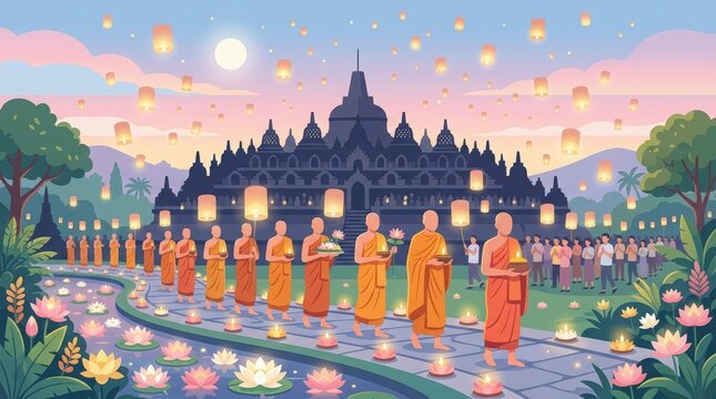 Buddhist monks walking in procession at Borobudur Temple during Vesak celebration with lanterns and candles.