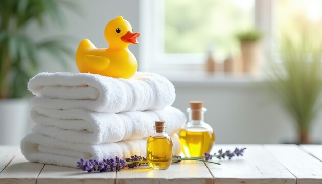 Stack of clean white towels with yellow rubber duck, oil bottles and lavender sprigs on wood surface. Relaxing bath time setup with natural spa elements in bright bathroom.