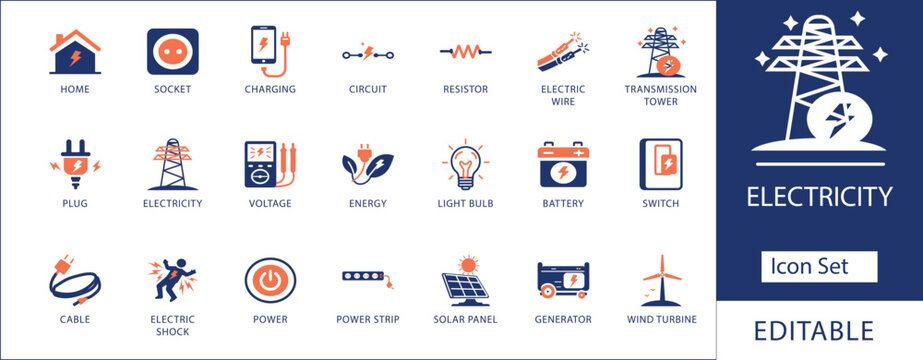 Electricity and power energy icon set. featuring industrial transmission tower, electric shock safety, renewable solar panel, wind turbine, and battery voltage.