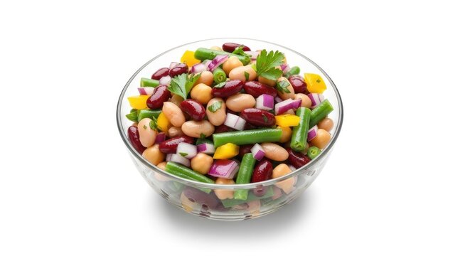 A clear glass bowl contains a colorful bean salad. The salad is composed of various types of beans, including kidney beans, pinto beans, white beans, and red beans.