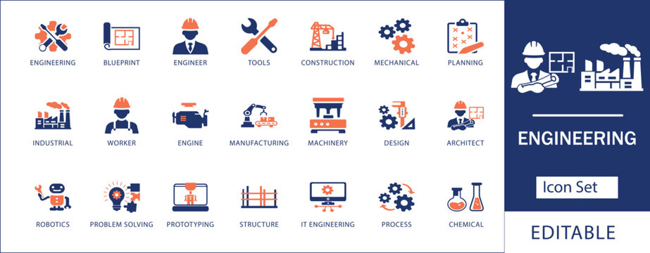 Engineering and industrial manufacturing icon set featuring construction blueprint, mechanical tools, factory architecture, robotics automation, and project planning.