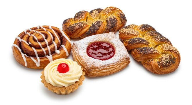A collection of assorted Danish pastries sits on a white background.